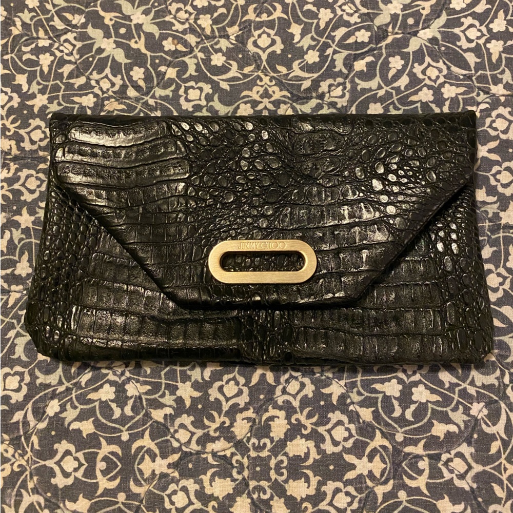 Jimmy Choo Black Croc Embossed Leather Clutch